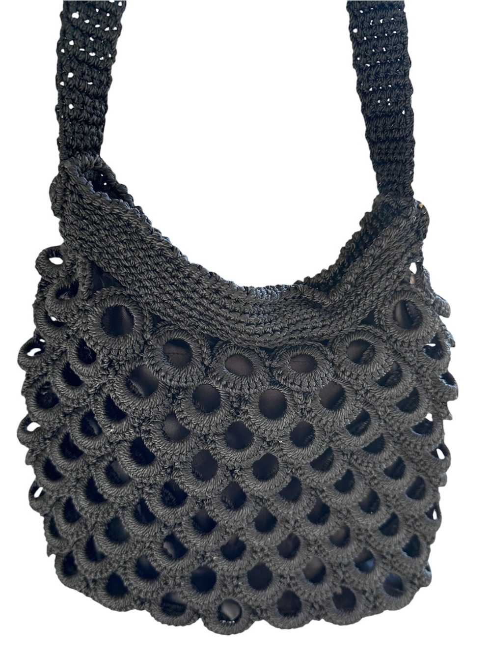 Vintage Black Crochet Loop-Detail Shoulder Bucket Bag